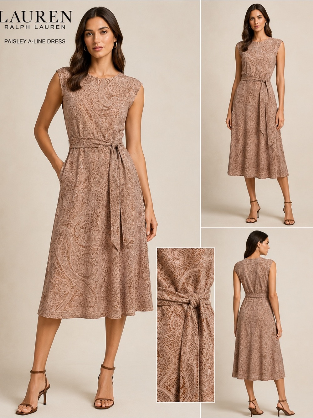 NWT Lauren Ralph Lauren Paisley Midi Dress Size 4 Taupe Mocha Belted A-Line